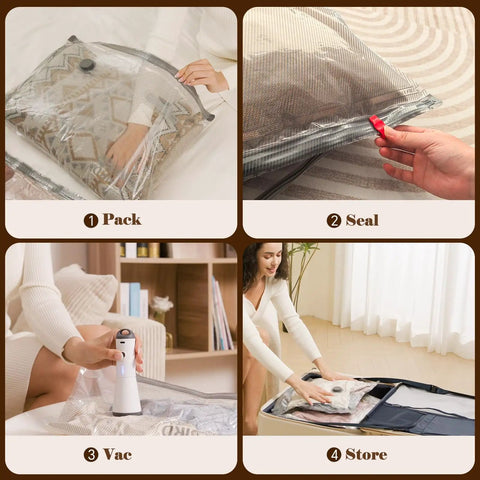 Rechargeable Cordless Travel Vacuum Pump And Compression Bags Set For Carry On Luggage, 9 Piece Combo usage steps