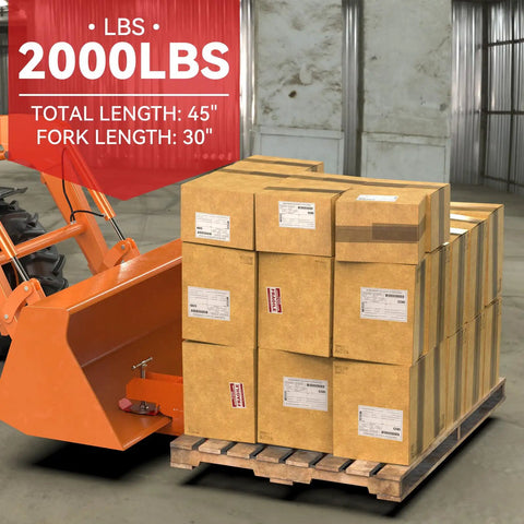 Beefed Up Clamp On Pallet Forks With Non Slip Pad And Tongue, 45 Inch Total Length, 2000 Lbs Capacity, Orange Quick Attach Fork