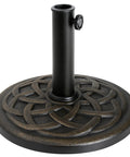 Heavy Duty 21 Pound Bronze Umbrella Base With 17 Inch Diameter For Patio Deck Porch Poolside And Backyard Stability, Weighted Outdoor Umbrella Stand That Keeps Your Outdoor Umbrella Upright In Windy Weather, featuring decorative pattern.