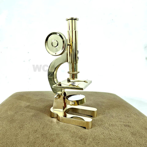 Top Shelf Handmade Solid Brass Microscope With Adjustable Focus Knob, 8 inches tall, decorative desktop display.