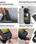 Magnetic Mount Stand For Insta360 X5 X4 X3 X2 X1 Go 3 Osmo Pocket 3 And Other Action Cameras With 1 Quarter Inch Screw Foldable Quick Release Base Portable Magnetic Holder For Capturing Steady Shots in use on backpack and wall.