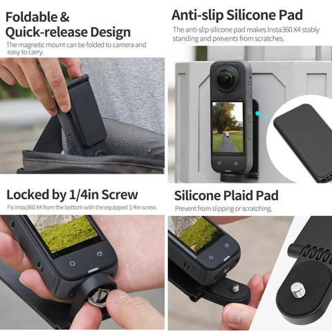 Magnetic Mount Stand For Insta360 X5 X4 X3 X2 X1 Go 3 Osmo Pocket 3 And Other Action Cameras With 1 Quarter Inch Screw Foldable Quick Release Base Portable Magnetic Holder For Capturing Steady Shots in use on backpack and wall.