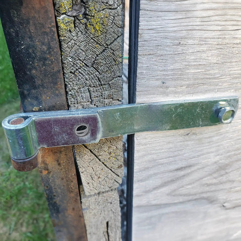Eight Inch Heavy Duty Strap Hinge Pair Real Deal Galvanized Steel built different for wood fences mounted on wooden gate.