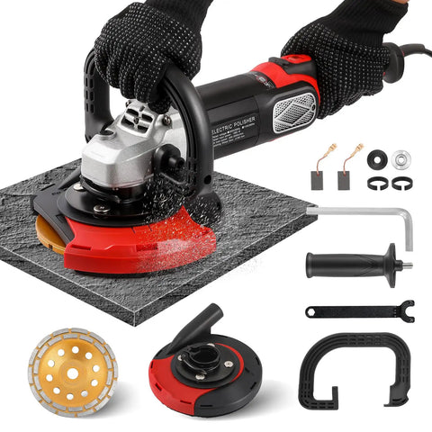 7 Inch Concrete Grinder Kit with Dust Extraction Shroud 1580W power 3000 RPM, includes diamond grinding wheel and protective guard