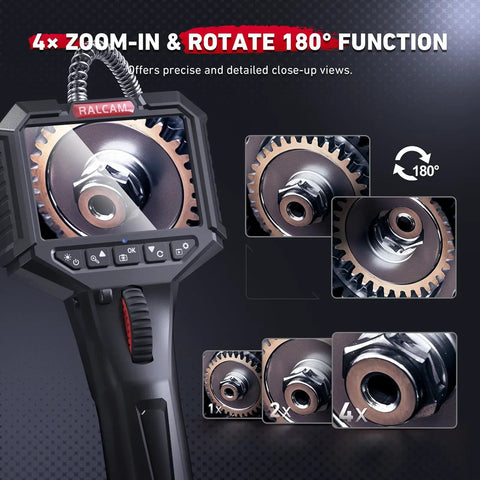 Two Way Articulating Borescope With Light Slim Probe For Tight Spots 210 Degree Pivot 19 In 1 Ultra Fine Stainless Wire Design Durable Industrial Inspection Camera For Mechanics And Techies, 3.5-inch display showing gear inspection with 180° rotate
