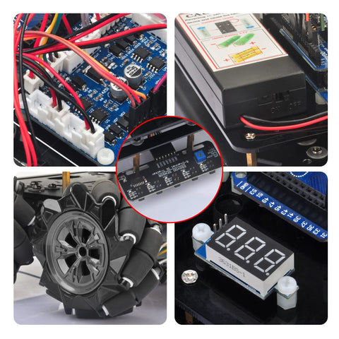 OSOYOO Mecanum wheel robotic car kit components: Arduino Mega2560, motor driver, battery pack, metal chassis, DC motors