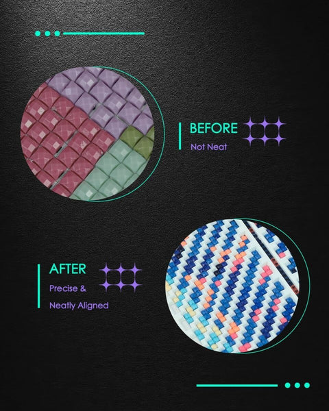 Comparison showing diamond drill alignment before and after using 9 Piece Diamond Painting Zigzag Ruler Set For Beginners.