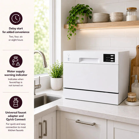 Top Notch Compact Countertop Dishwasher Fits Right Into Any Kitchen Scrubbing Dishes Clean Hassle Free With Energy Star Rating Delay Start Led Panel And Crisp White Exterior in modern kitchen setting.
