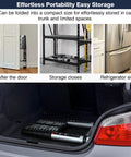 No Fuss Collapsible Aluminum Telescoping Ladder 10.5 Ft With Locking System folded in car trunk and next to storage areas