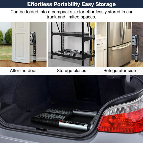 No Fuss Collapsible Aluminum Telescoping Ladder 10.5 Ft With Locking System folded in car trunk and next to storage areas