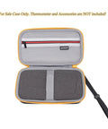 RLSOCO hard case for infrared thermometers, open view showing yellow zipper, gray interior, foam padding and mesh pocket