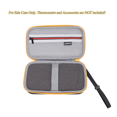 RLSOCO hard case for infrared thermometers, open view showing yellow zipper, gray interior, foam padding and mesh pocket