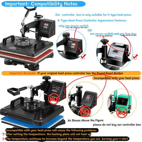 Compatibility notes for K Type Heat Press Control Box Replacement For 15x15 Inch Heat Press With Dual Temperature And Time Display 1400W Power For Shirts Tees Mugs Cups Replacement Part Easy Install And Durable Upgrade Plug And Play