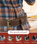 Person wearing 3 Inch Wide Tapered Full Grain Leather Work Belt For Men, Built Tough With Heavy Duty Stitching In Dark Tan for carpentry