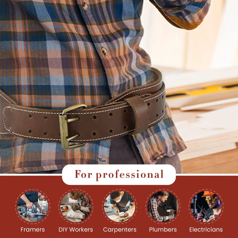 Person wearing 3 Inch Wide Tapered Full Grain Leather Work Belt For Men, Built Tough With Heavy Duty Stitching In Dark Tan for carpentry