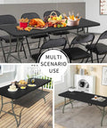 Portable 60 Inch Folding Table With Steel Legs Black Lightweight For Indoor Outdoor Parties Weddings Dining And Events Carries Handle Easy Setup Fits Up To Six People Go To Choice For Any Occasion displayed in three settings: dining, outdoor, and kitchen.