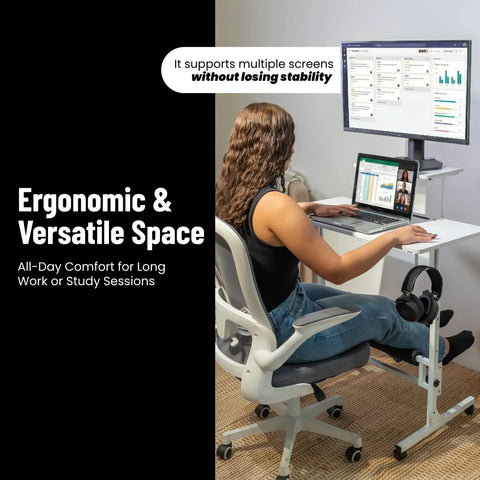 Woman using Adjustable Height Rolling Desk With Wheels Portable Compact Laptop Table Mobile Workstation in white modern home office