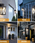 Motion Sensor Wall Sconces Two Pack Dusk To Dawn Outdoor Front Porch Lights Waterproof Auto Night Lighting With Motion Activated Full Brightness Then Dim To Low After One Minute shown in various settings including garage, yard, doorway, and street.