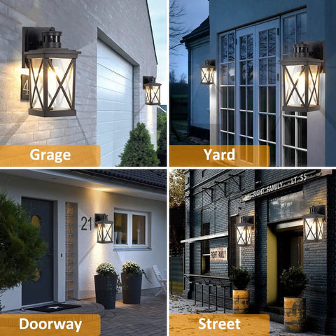 Motion Sensor Wall Sconces Two Pack Dusk To Dawn Outdoor Front Porch Lights Waterproof Auto Night Lighting With Motion Activated Full Brightness Then Dim To Low After One Minute shown in various settings including garage, yard, doorway, and street.