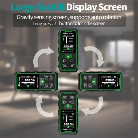 Dual Laser Distance Meter With 656 Feet Range, Rechargeable, Six Measurement Units In Feet, Inches, And Meters, LCD Display, Measures Length, Area, Volume And Angle With One Eighth Inch Accuracy, Bidirectional And Unidirectional Modes, rotated views