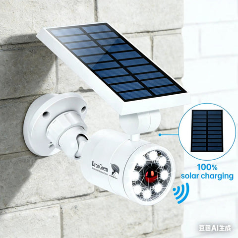 Exterior view of Solar Motion Sensor Lights Outdoor Aluminum Flood Light mounted on wall with solar charging panel
