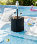 Outdoor Umbrella Stand With Hole And Water Bladder Base, Fluted Vertical Ribbed Design, All Weather Poolside Side Table For Patio Garden, Black.