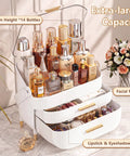 Premium Acrylic Makeup Organizer With Drawers For Vanity Skincare Storage game changer with 14 bottles, 21cm height, and gold handles.