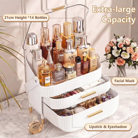 Premium Acrylic Makeup Organizer With Drawers For Vanity Skincare Storage game changer with 14 bottles, 21cm height, and gold handles.