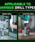 Tungsten carbide hole saw kit, 22-pc, 9/16 to 2-1/8 inch bits, for metal and wood; shown with bench and electric drills