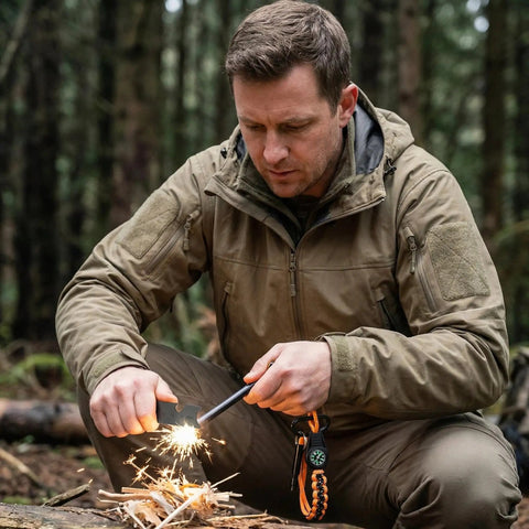 Man using Easy Fire Starter Rod With Compass for camping, magnesium ferrocerium fire spark rod striking sparks onto kindling outdoors.