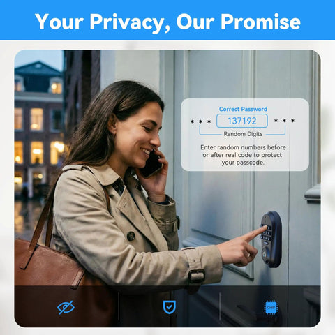 Woman using Rock Solid 5 In 1 Smart Deadbolt With Handle Fingerprint Scanner And Keypad Keyless Entry Door Lock Wifi App.