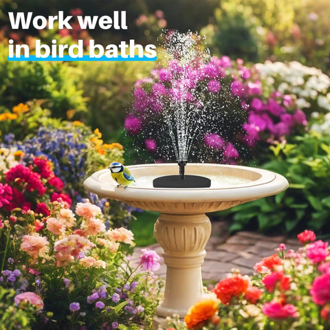 6.5W Solar Fountain Pump For Bird Bath No Fuss Easy Setup Multiple Nozzles Water Feature in garden with flowers