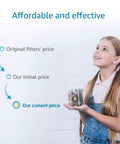 Young girl holding jar with coins under text about price comparison, related to Premium Shower Head Water Filter Replacement Cartridges Featuring Advanced KDF Filtration Material.