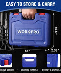 Blue carrying case for Half Inch Drive Deep Impact Socket Set with 6 Point Cr V Steel Sockets, showing dimensions and handle.