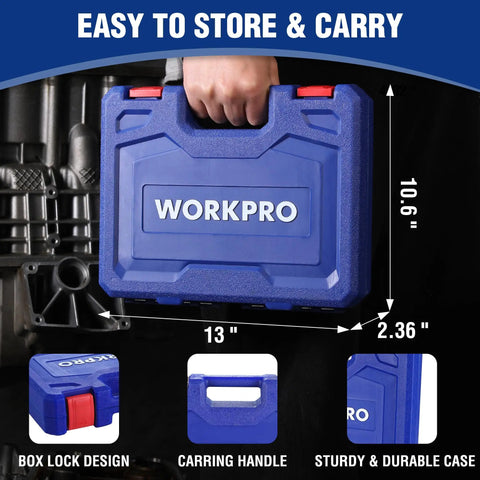 Blue carrying case for Half Inch Drive Deep Impact Socket Set with 6 Point Cr V Steel Sockets, showing dimensions and handle.