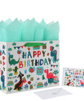 13 Inch White Gift Bag Set With Greeting Card And Tissue Paper, Green Dino Design, Happy Birthday Theme, Large Bags For 1st Or 2nd Birthday Parties, Kids Party Supplies For Boys And Girls