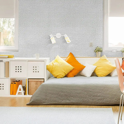 Bedroom with Gray Grasscloth Peel And Stick Wallpaper Self Adhesive Vinyl For Cabinets And Walls 17.7 Inch By 393.7 Inch 48.4 Sq Ft Coverage