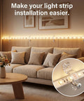 Clear Rope Light Clips Kit 100 Pack Transparent Mounting Brackets on illuminated living room wall with sofa