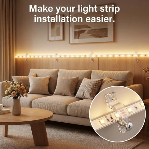 Clear Rope Light Clips Kit 100 Pack Transparent Mounting Brackets on illuminated living room wall with sofa
