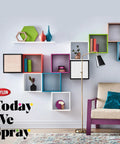 Colorful wall display with boxes and decorative items featuring Top Shelf Clear Gloss Spray Paint With UV Resistant Acrylic Coating In An 11 Oz Can That Locks Down Your Favorite Art And Crafts For A Smooth Shiny Finish And Keeps Your Creations Looking Fresh Without The Hassle.