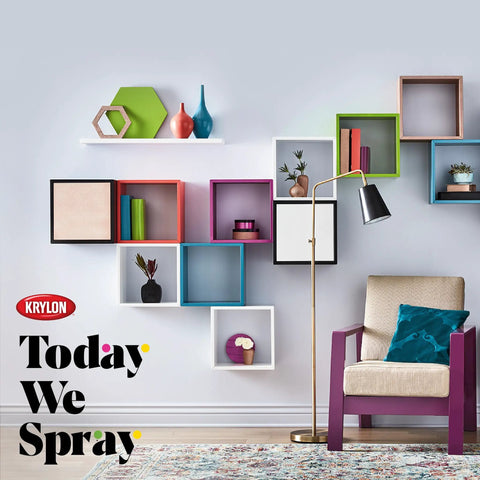 Colorful wall display with boxes and decorative items featuring Top Shelf Clear Gloss Spray Paint With UV Resistant Acrylic Coating In An 11 Oz Can That Locks Down Your Favorite Art And Crafts For A Smooth Shiny Finish And Keeps Your Creations Looking Fresh Without The Hassle.