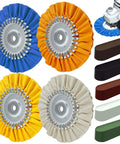 Konvixon 8-inch buffing wheel kit, front view with four colored cloth wheels and polishing blocks