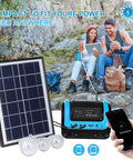 Beefy All In One Portable Solar Power Station With Panel And Built-In LED Lights, blue, in outdoor camping setting
