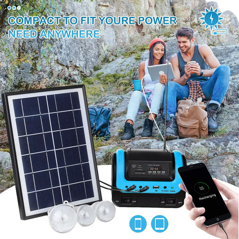 Beefy All In One Portable Solar Power Station With Panel And Built-In LED Lights, blue, in outdoor camping setting
