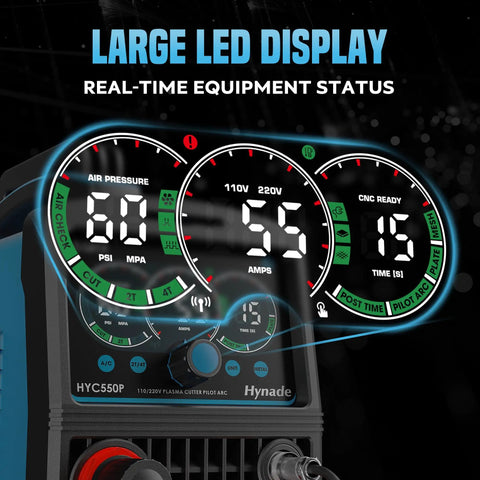 Close-up of 55A Plasma Cutter with dual voltage 110 and 220 volt, featuring large LED display showing air pressure and CNC settings.