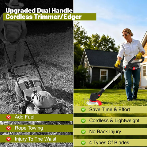 Person using Cordless Weed Wacker 21V Battery Powered Lightweight 3in1 Trimmer Edger Brush Cutter with Wheels in a garden.
