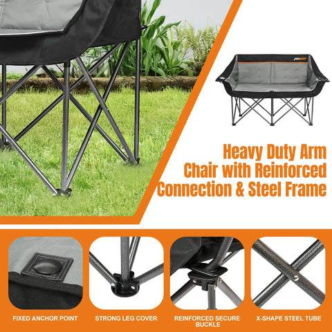 Heavy Duty Double Camping Chair For Two Adults 650 Lbs Capacity Fully Padded Loveseat Folding Outdoor Chair With Arm Cup Holder details