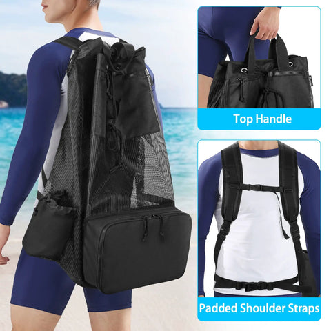XL Mesh Scuba Diving Bag Backpack for Fins Mask Wetsuit Snorkeling Gear, large empty bag, patent design, worn on beach