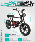 Kids Electric Bike For Ages 13 And Up 250W Mini Ebike With 24V Lithium Battery Top Speed 12.5 MPH Up To 12.5 Mile Range 16 Inch Tires LED Headlight Rear Drum Brake Easy To Ride And Built For Fun, side view with size dimensions