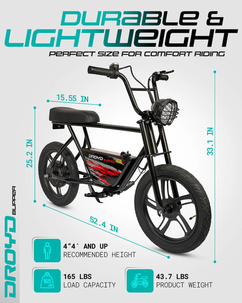 Kids Electric Bike For Ages 13 And Up 250W Mini Ebike With 24V Lithium Battery Top Speed 12.5 MPH Up To 12.5 Mile Range 16 Inch Tires LED Headlight Rear Drum Brake Easy To Ride And Built For Fun, side view with size dimensions